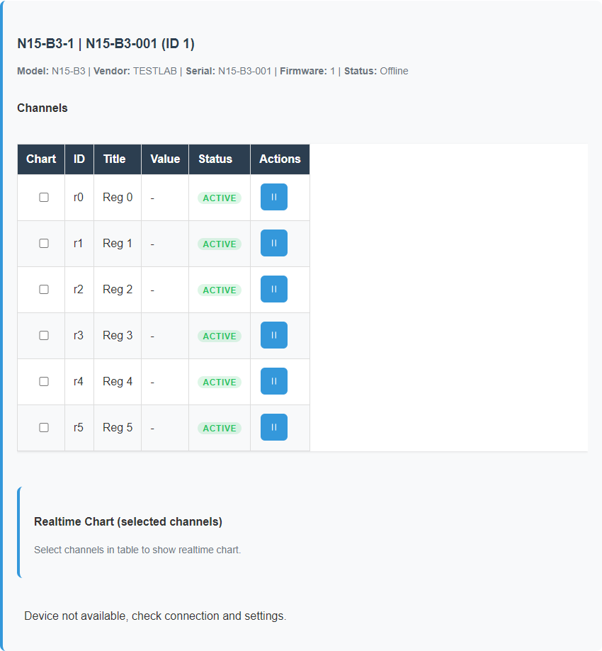 Control page showing an offline or stale device state in English.