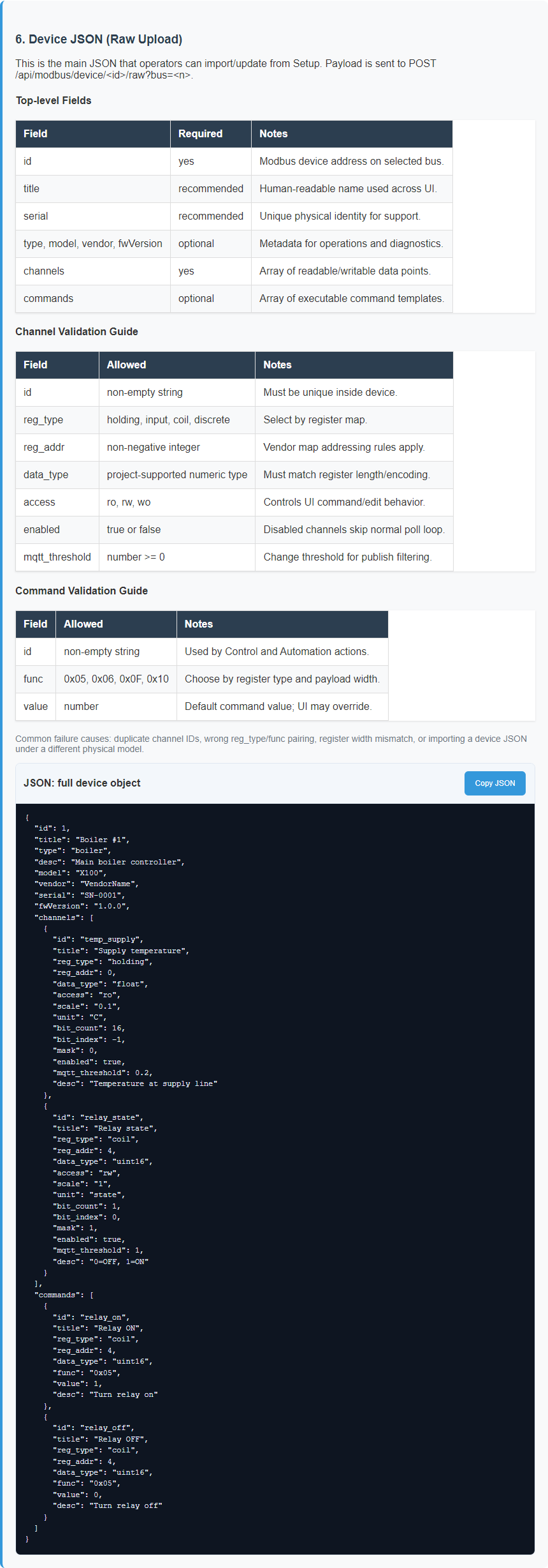Built-in Help page with device JSON example on the English interface.