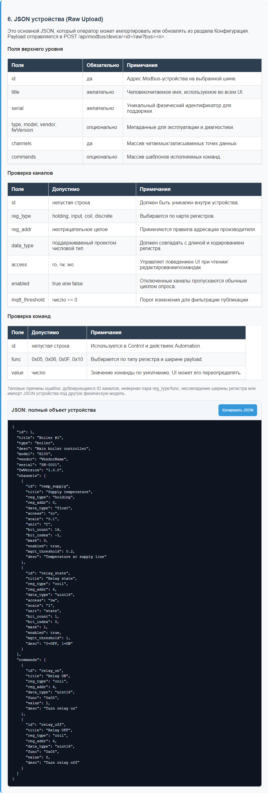 Справочный JSON устройства на русском языке.