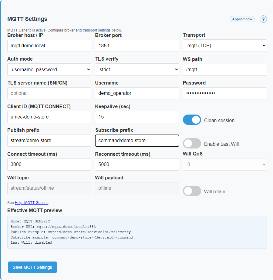 Generic MQTT settings on the English interface.