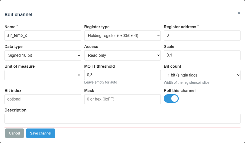 Setup channel editor with register parameters on the English interface.